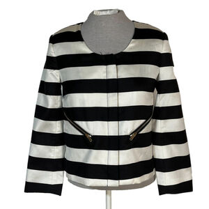 Club Monaco Silk Blazer Jacket Women’s Size 2 Black White Stripes Quiet Luxury